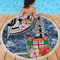 Fiji Day Beach Blanket Traditional Tapa with Hibiscus and Emblems