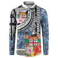Fiji Day Button Sweatshirt Traditional Tapa with Hibiscus and Emblems