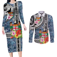 Fiji Day Couples Matching Long Sleeve Bodycon Dress and Long Sleeve Button Shirt Traditional Tapa with Hibiscus and Emblems