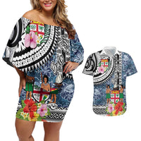 Fiji Day Couples Matching Off Shoulder Short Dress and Hawaiian Shirt Traditional Tapa with Hibiscus and Emblems