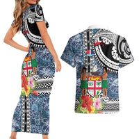 Fiji Day Couples Matching Short Sleeve Bodycon Dress and Hawaiian Shirt Traditional Tapa with Hibiscus and Emblems