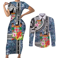 Fiji Day Couples Matching Short Sleeve Bodycon Dress and Long Sleeve Button Shirt Traditional Tapa with Hibiscus and Emblems