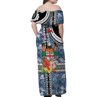 Fiji Day Family Matching Off Shoulder Maxi Dress and Hawaiian Shirt Traditional Tapa with Hibiscus and Emblems