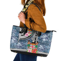 Fiji Day Leather Tote Bag Traditional Tapa with Hibiscus and Emblems
