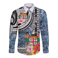 Fiji Day Long Sleeve Button Shirt Traditional Tapa with Hibiscus and Emblems