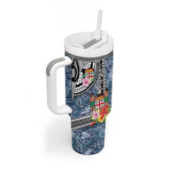 Fiji Day Tumbler With Handle Traditional Tapa with Hibiscus and Emblems