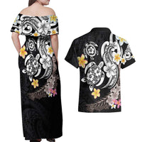 Hawaiian Tropical Plumeria Turtles Couples Matching Off Shoulder Maxi Dress and Hawaiian Shirt Polynesian Art Tattoo LT03 - Polynesian Pride