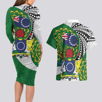 Cook Islands Independence Day Couples Matching Long Sleeve Bodycon Dress and Hawaiian Shirt National Flag and Emblem with Tatau Tattoo