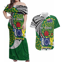 Cook Islands Independence Day Couples Matching Off Shoulder Maxi Dress and Hawaiian Shirt National Flag and Emblem with Tatau Tattoo
