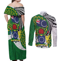 Cook Islands Independence Day Couples Matching Off Shoulder Maxi Dress and Long Sleeve Button Shirt National Flag and Emblem with Tatau Tattoo