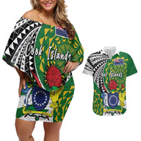 Cook Islands Independence Day Couples Matching Off Shoulder Short Dress and Hawaiian Shirt National Flag and Emblem with Tatau Tattoo