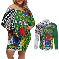Cook Islands Independence Day Couples Matching Off Shoulder Short Dress and Long Sleeve Button Shirt National Flag and Emblem with Tatau Tattoo