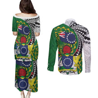 Cook Islands Independence Day Couples Matching Puletasi and Long Sleeve Button Shirt National Flag and Emblem with Tatau Tattoo