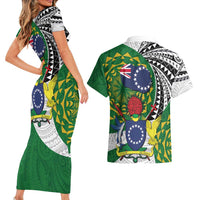 Cook Islands Independence Day Couples Matching Short Sleeve Bodycon Dress and Hawaiian Shirt National Flag and Emblem with Tatau Tattoo