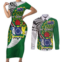 Cook Islands Independence Day Couples Matching Short Sleeve Bodycon Dress and Long Sleeve Button Shirt National Flag and Emblem with Tatau Tattoo