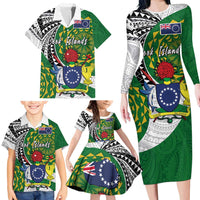 Cook Islands Independence Day Family Matching Long Sleeve Bodycon Dress and Hawaiian Shirt National Flag and Emblem with Tatau Tattoo