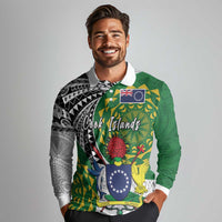 Cook Islands Independence Day Long Sleeve Polo Shirt National Flag and Emblem with Tatau Tattoo