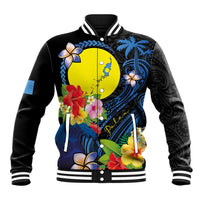 Palau Independence Day Baseball Jacket Melanesian Tattoo with Hibiscus