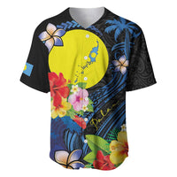 Palau Independence Day Baseball Jersey Melanesian Tattoo with Hibiscus
