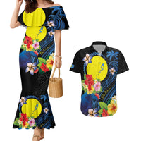 Palau Independence Day Couples Matching Mermaid Dress and Hawaiian Shirt Melanesian Tattoo with Hibiscus