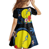 Palau Independence Day Kid Short Sleeve Dress Melanesian Tattoo with Hibiscus
