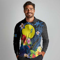 Palau Independence Day Long Sleeve Polo Shirt Melanesian Tattoo with Hibiscus