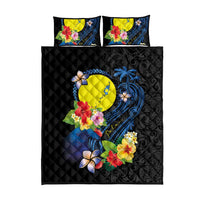 Palau Independence Day Quilt Bed Set Melanesian Tattoo with Hibiscus