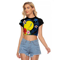 Palau Independence Day Raglan Cropped T Shirt Melanesian Tattoo with Hibiscus