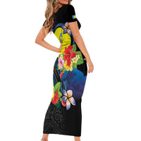 Palau Independence Day Short Sleeve Bodycon Dress Melanesian Tattoo with Hibiscus