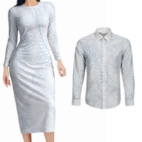 Hawaiian Turtles and Leis Couples Matching Long Sleeve Bodycon Dress and Long Sleeve Button Shirt Tribal Kakau Pattern Airy White Blue Cloud Vibe LT03 White - Polynesian Pride