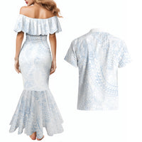 Hawaiian Turtles and Leis Couples Matching Mermaid Dress and Hawaiian Shirt Tribal Kakau Pattern Airy White Blue Cloud Vibe LT03 - Polynesian Pride