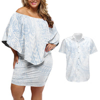 Hawaiian Turtles and Leis Couples Matching Off Shoulder Short Dress and Hawaiian Shirt Tribal Kakau Pattern Airy White Blue Cloud Vibe LT03 White - Polynesian Pride