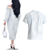 Hawaiian Turtles and Leis Couples Matching Off The Shoulder Long Sleeve Dress and Hawaiian Shirt Tribal Kakau Pattern Airy White Blue Cloud Vibe LT03 - Polynesian Pride