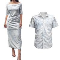 Hawaiian Turtles and Leis Couples Matching Puletasi and Hawaiian Shirt Tribal Kakau Pattern Airy White Blue Cloud Vibe LT03 White - Polynesian Pride