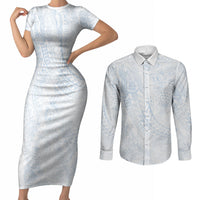 Hawaiian Turtles and Leis Couples Matching Short Sleeve Bodycon Dress and Long Sleeve Button Shirt Tribal Kakau Pattern Airy White Blue Cloud Vibe LT03 White - Polynesian Pride