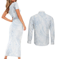 Hawaiian Turtles and Leis Couples Matching Short Sleeve Bodycon Dress and Long Sleeve Button Shirt Tribal Kakau Pattern Airy White Blue Cloud Vibe LT03 - Polynesian Pride