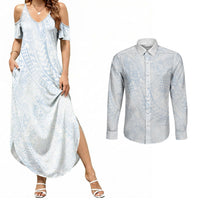Hawaiian Turtles and Leis Couples Matching Summer Maxi Dress and Long Sleeve Button Shirt Tribal Kakau Pattern Airy White Blue Cloud Vibe LT03 White - Polynesian Pride