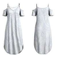 Hawaiian Turtles and Leis Couples Matching Summer Maxi Dress and Long Sleeve Button Shirt Tribal Kakau Pattern Airy White Blue Cloud Vibe LT03 - Polynesian Pride