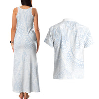 Hawaiian Turtles and Leis Couples Matching Tank Maxi Dress and Hawaiian Shirt Tribal Kakau Pattern Airy White Blue Cloud Vibe LT03 - Polynesian Pride