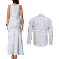 Hawaiian Turtles and Leis Couples Matching Tank Maxi Dress and Long Sleeve Button Shirt Tribal Kakau Pattern Airy White Blue Cloud Vibe LT03 - Polynesian Pride