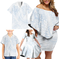 Hawaiian Turtles and Leis Family Matching Off Shoulder Short Dress and Hawaiian Shirt Tribal Kakau Pattern Airy White Blue Cloud Vibe LT03 - Polynesian Pride
