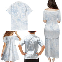 Hawaiian Turtles and Leis Family Matching Puletasi and Hawaiian Shirt Tribal Kakau Pattern Airy White Blue Cloud Vibe LT03 Mom's Dress White - Polynesian Pride