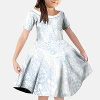 Hawaiian Turtles and Leis Kid Short Sleeve Dress Tribal Kakau Pattern Airy White Blue Cloud Vibe LT03 KID White - Polynesian Pride