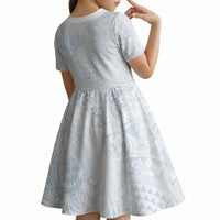 Hawaiian Turtles and Leis Kid Short Sleeve Dress Tribal Kakau Pattern Airy White Blue Cloud Vibe LT03 - Polynesian Pride