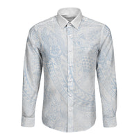 Hawaiian Turtles and Leis Long Sleeve Button Shirt Tribal Kakau Pattern Airy White Blue Cloud Vibe LT03 Unisex White - Polynesian Pride