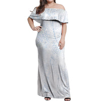 Hawaiian Turtles and Leis Off Shoulder Maxi Dress Tribal Kakau Pattern Airy White Blue Cloud Vibe