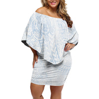 Hawaiian Turtles and Leis Off Shoulder Short Dress Tribal Kakau Pattern Airy White Blue Cloud Vibe LT03 Women White - Polynesian Pride