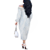 Hawaiian Turtles and Leis Off The Shoulder Long Sleeve Dress Tribal Kakau Pattern Airy White Blue Cloud Vibe LT03 - Polynesian Pride