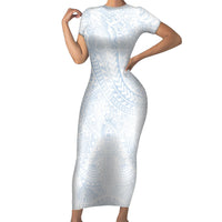 Hawaiian Turtles and Leis Short Sleeve Bodycon Dress Tribal Kakau Pattern Airy White Blue Cloud Vibe LT03 Long Dress White - Polynesian Pride
