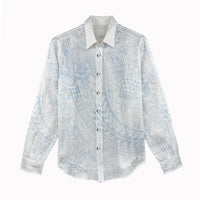 Hawaiian Turtles and Leis Women Casual Shirt Tribal Kakau Pattern Airy White Blue Cloud Vibe